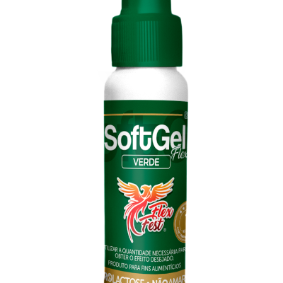 Frasco branco com tampa verde do produto SoftGel Flex Verde