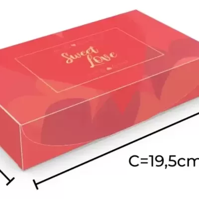 Caixa vermelha com texto Sweet Love e padrão de corações