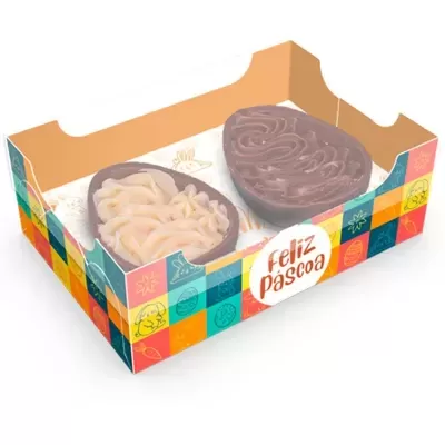 Dois ovos de Páscoa de chocolate em caixa colorida com a frase FELIZ PÁSCOA