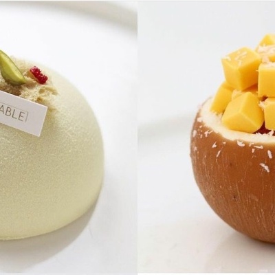 Dois doces finos, um verde com rótulo 'COMFITABLE!' e outro em coco com cubos de manga em cima