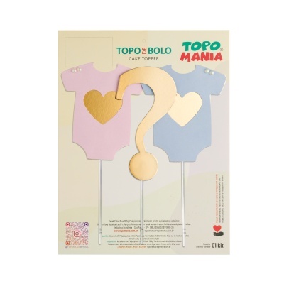 Kit de topper para bolo com bodies de bebé rosa e azul e um ponto de interrogação dourado