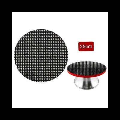 Superfície redonda 25cm com padrão quadriculado preto e branco sobre suporte metálico