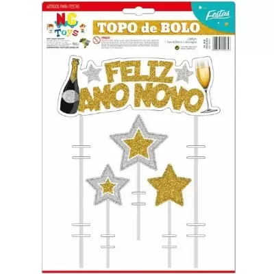 Topos de bolo com glitter dourado e prateado, texto FELIZ ANO NOVO, estrelas e copo de champanhe em embalagem plástica.