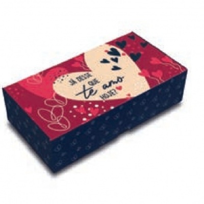 Caixa decorativa vermelha e azul com coração e texto em português