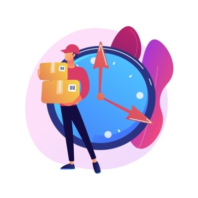 Pessoa segurando caixas em frente a um relógio grande azul