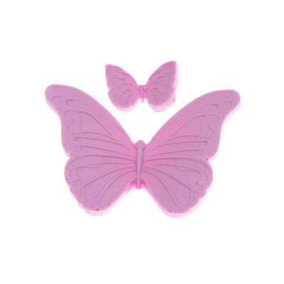 Duas borboletas rosa de espuma com texturas sobre fundo branco