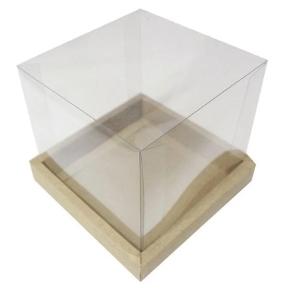 Caixa de exposição acrílica transparente com base de madeira clara