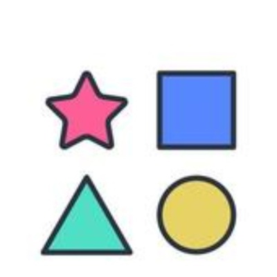 Quatro formas geométricas coloridas em fundo branco