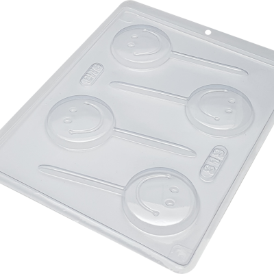Forma plástica transparente com quatro cavidades para pirulitos em forma de rosto sorridente