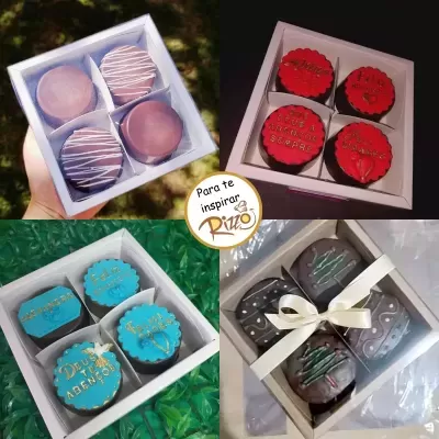 Caixas com bombons coloridos decorados com mensagens em dourado