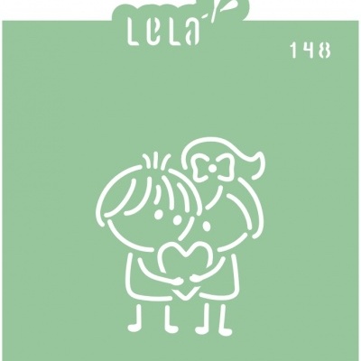 Ilustração a branco de duas crianças segurando um coração em fundo verde claro com texto LELA e número 148