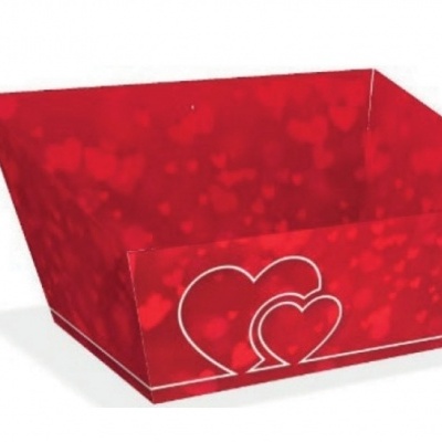 Caixa quadrada vermelha com corações brancos entrelaçados