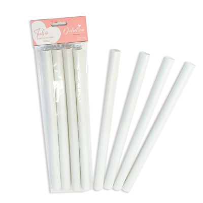 Quatro bastões brancos lisos em embalagem plástica com etiqueta rosa e branca