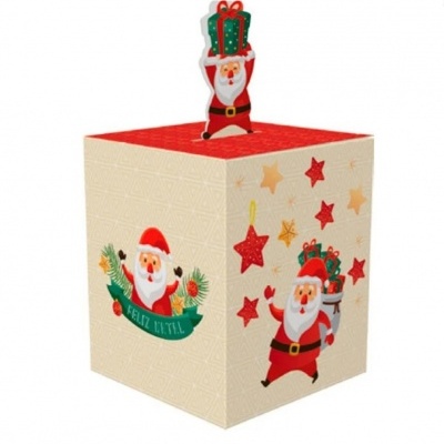 Caixa de presente cúbica decorada com Pai Natal e estrelas vermelhas e douradas