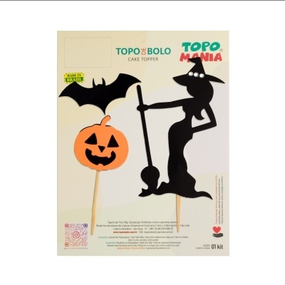 Topper para bolo Halloween com morcego, abóbora e bruxa em cartão colorido em suporte branco