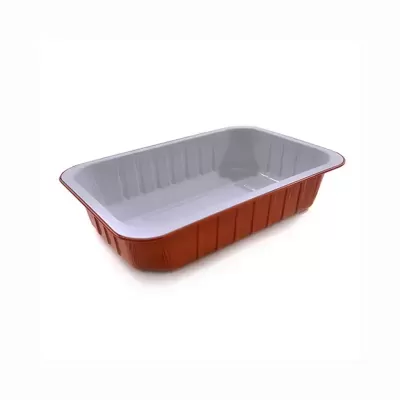 Tabuleiro retangular metálico com interior branco e exterior vermelho