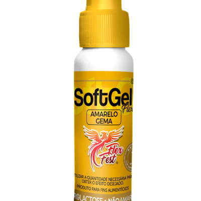 Frasco SoftGel Flex amarelo gema com tampa amarela e texto informativo