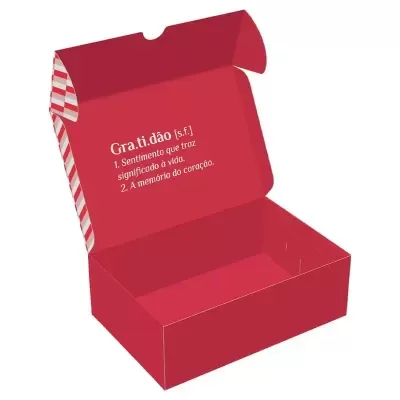 Caixa vermelha aberta com texto branco na tampa e padrão riscado nas laterais