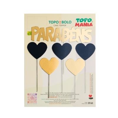 Topo de bolo PARABÉNS com corações pretos, dourados e bege em embalagem