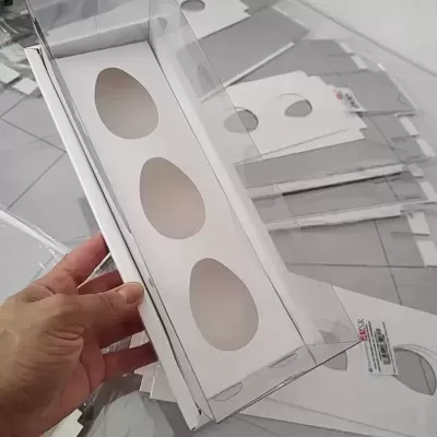 Embalagem branca para ovos com tampa transparente e recortes ovais.