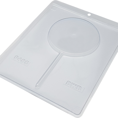 Molde plástico transparente com formato circular e haste