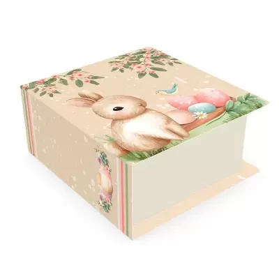 Caixa decorada com coelho e ovos coloridos em fundo bege claro