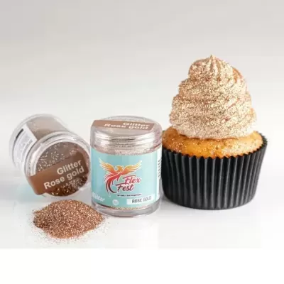 Glitter pó rosa dourado e cupcake decorada com glitter