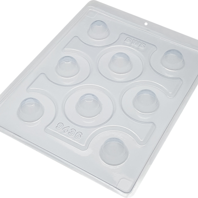 Forma plástica transparente com nove cavidades redondas e inscrições PMC, 9436