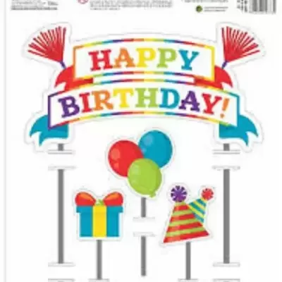 Topo de bolo colorido com frase Happy Birthday e desenhos festivos