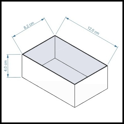 Caixa retangular branca com medidas em centímetros