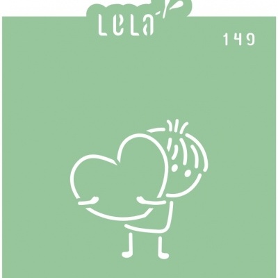 Cartão verde com desenho de pessoa a abraçar um coração e texto LELA 149