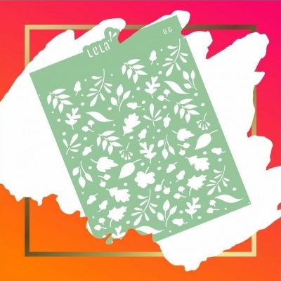 Cartão verde com padrão branco de flores e folhas sobre fundo colorido