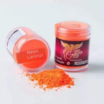 Pigmento em pó neon laranja em embalagens plásticas com tampa laranja