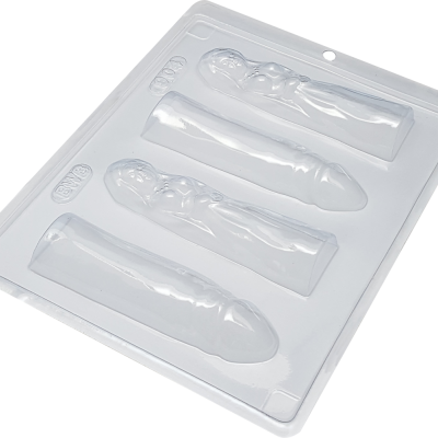 Molde plástico transparente com quatro cavidades em formato de pênis