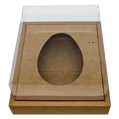 Embalagem em cartão castanho com tampa transparente e recorte em forma de ovo