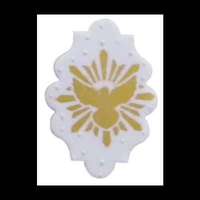 Selo branco com pomba dourada e textura pontilhada