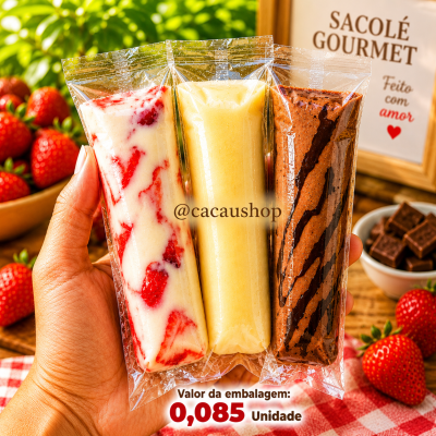 Três sacolés gourmet embalados transparentemente, morango, creme amarelo e chocolate, com texto de valor da embalagem e frase promocional ao fundo.