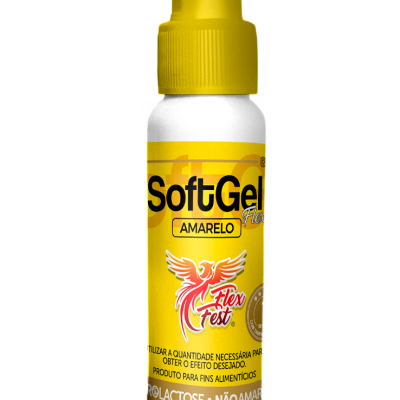 Frasco plástico SoftGel Flex Amarelo com tampa amarela e rótulo amarelo e branco