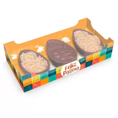 Caixa de ovos de Páscoa em chocolate branco e de leite com embalagem colorida