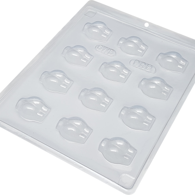 Molde plástico transparente com cavidades em forma de capacete e texto 'CVIT' e 'POP'