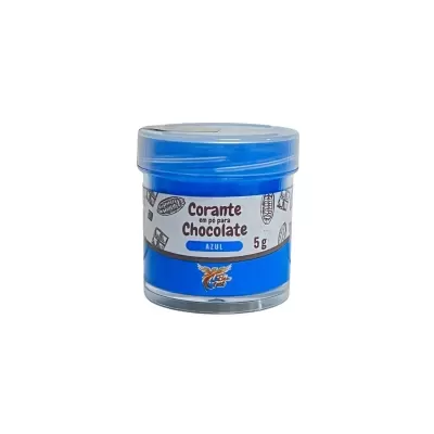 Frasco pequeno de corante azul para chocolate com rótulo branco e azul
