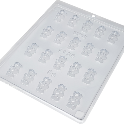 Molde transparente de plástico com formas de ursos em relevo e texto em relevo