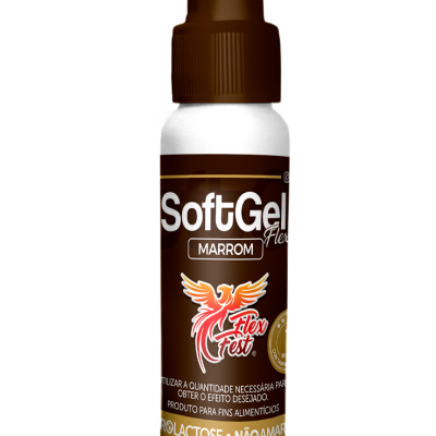 Frasco branco com tampa marron de SoftGel Flex Marrom com etiqueta marron e logotipo Flex Test.