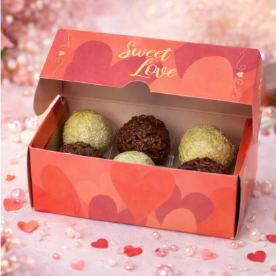 Caixa de bombons Sweet Love vermelha com corações e bombons de chocolate em granulado branco e castanho