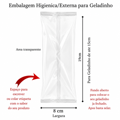 Embalagem plástica transparente para geladinho com medidas e áreas destacadas