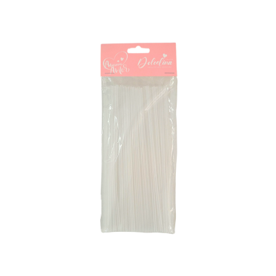 Pacote de palhinhas brancas em plástico com rótulo cor-de-rosa