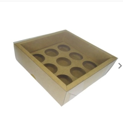 Caixa de cartão castanho para nove unidades com tampa transparente