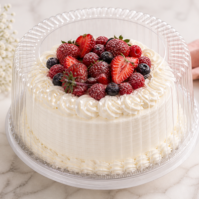 Bolo decorado com chantilly e frutos vermelhos em embalagem plástica transparente