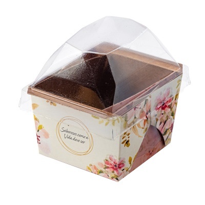 Caixa decorativa floral com tampa transparente e texto em português.