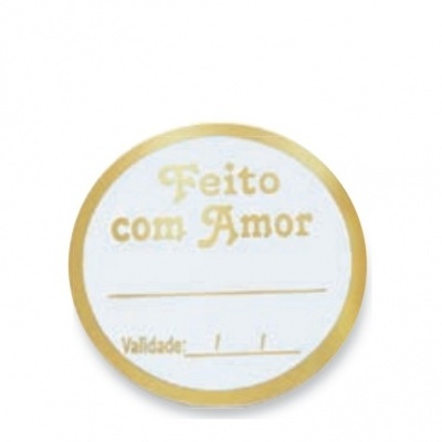 Etiqueta redonda branca com borda dourada e texto 'Feito com Amor'